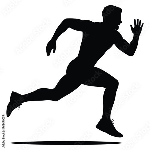 A dynamic illustration of a male runner in full stride captured as a stark silhouette
