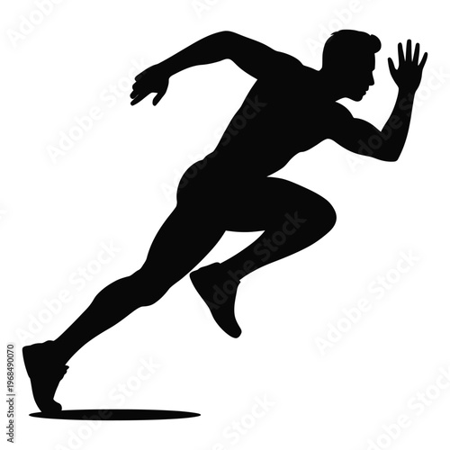 A dynamic illustration of a male runner in full stride captured as a stark silhouette