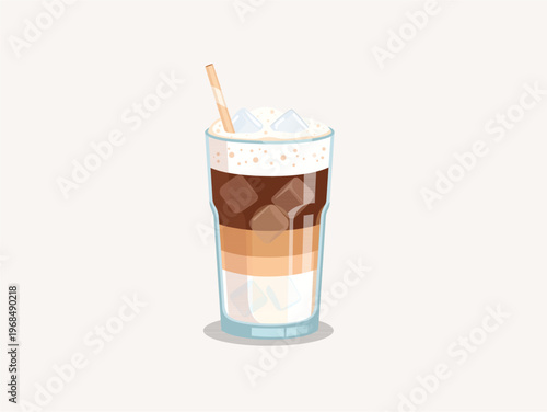 Iced Latte Coffee Illustration with Milk Layers and Ice Cubes.