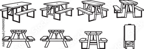 Assortment of wooden furniture including chairs and tables in various styles Vector
