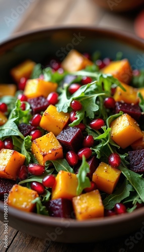 Bowl of roasted butternut squash and beetroot salad with arugula and pomegranate seeds. Healthy autumn dish, vibrant colors, rustic presentation, fresh ingredients.