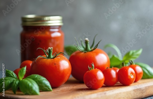 Fresh tomatoes and basil next to jar of passata on wood cutting board. Ingredients for cooking healthy Italian food. Ingredients for homemade sauce.