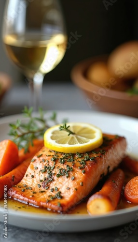 Pan seared salmon fillet with roasted carrots garnished with lemon slice and herbs. Served on white plate with glass of white wine. Delicious healthy dinner meal.