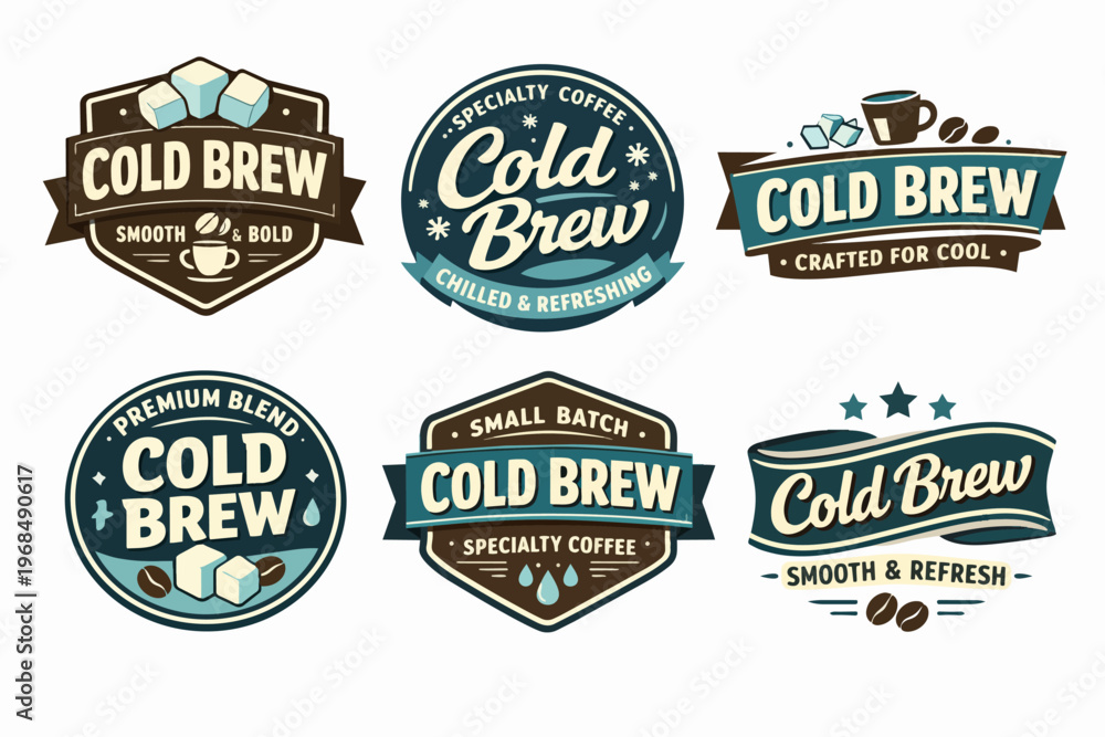 Fototapeta premium Cold brew coffee vintage labels set offering refreshing iced beverage premium blends with typography and badges for branding