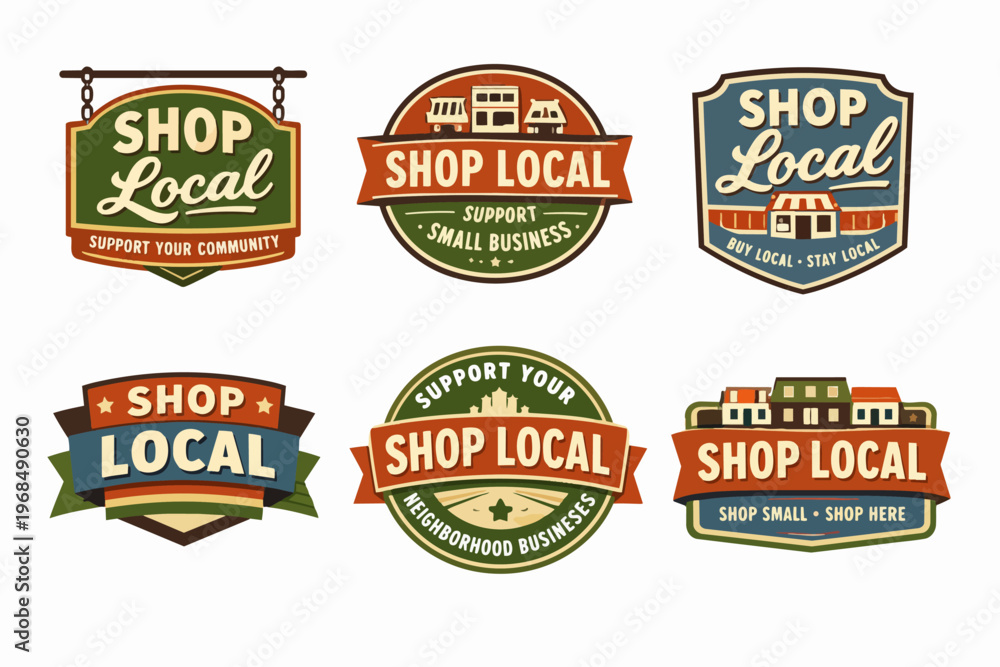 Fototapeta premium Shop local support small business badges collection, promoting community economy with retro vintage design style