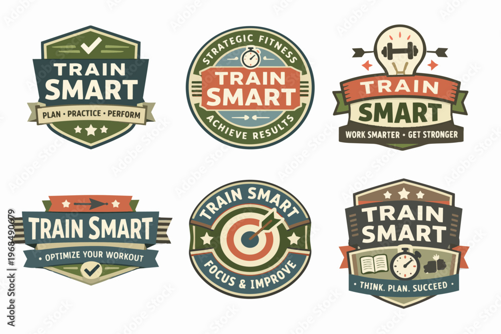 Fototapeta premium Train smart fitness concept badges set for workout motivation, health, and strategic exercise activity