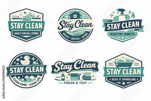 Stay clean badges set providing various concepts for hygiene, household care, washing, fresh living, and healthy habits