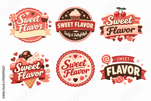 Collection of sweet flavor dessert labels and emblems, showcasing confectionery, ice cream, cupcakes, and candy designs for branding