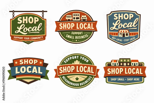 Shop local support small business badges collection, promoting community economy with retro vintage design style