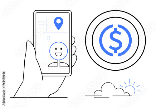 Mobile technology, financial transactions, geolocation, cryptocurrency, online payment, digital wallets. Phone with happy and pin, dollar coin cloud and sun. Financial transactions and geolocation