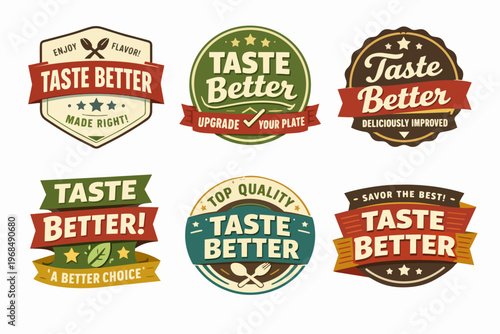 Collection of taste better food labels and badges showcasing quality, gourmet, and improved flavor concepts