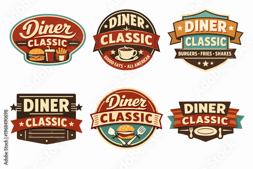 Classic diner restaurant badges and emblems collection illustrating vintage fast food and coffee branding concepts