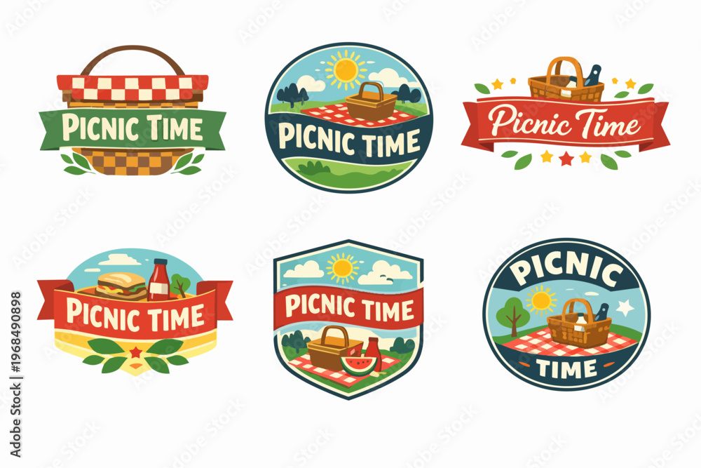 Naklejka premium Collection of colorful picnic labels featuring baskets, checkered blankets, sunshine, and food items for summer outdoor enjoyment