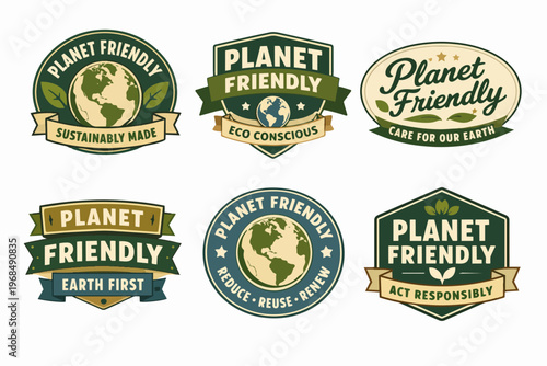Set of isolated retro style planet friendly labels with text like sustainably made and eco conscious endorsing green environmental practices