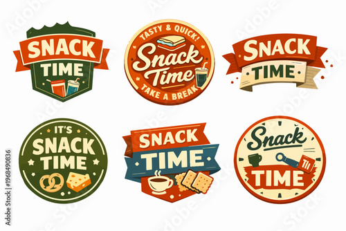 Snack time vintage badges and labels collection for food packaging, shop menu, fast food, cafe, and store branding