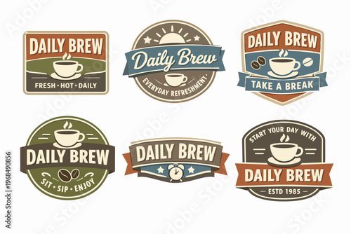 Vintage coffee shop logos offering daily brew, fresh hot beverage, and a relaxing break concept