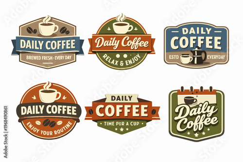 Daily coffee labels collection displaying vintage designs and emblems for café, beverage, and caffeine branding