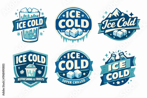 Collection of ice cold logos featuring refreshing drinks, ice cubes, frosty text, and winter elements for beverage branding