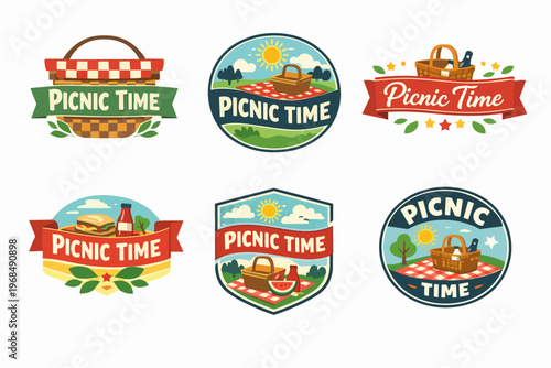 Collection of colorful picnic labels featuring baskets, checkered blankets, sunshine, and food items for summer outdoor enjoyment
