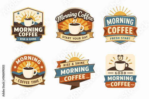 Morning coffee badges set offering fresh start concepts and positive energy for daily awakening