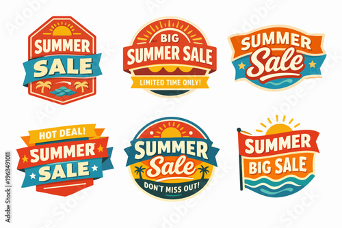 Summer sale badges collection offering discounts and promotions for seasonal retail events and online shopping