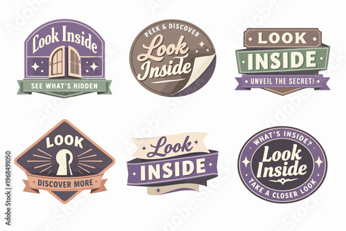 Look inside badges collection revealing secrets and discoveries with vintage style labels and banners