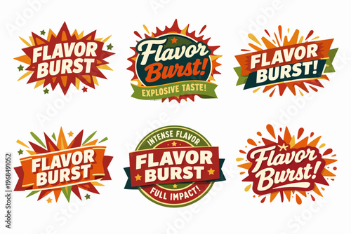 Various flavor burst labels and banner designs on white background, conveying explosive taste and full impact concept