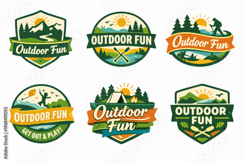 Outdoor fun badges set with camping, hiking, mountain, river, and forest elements, celebrating nature adventure