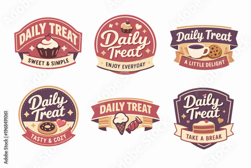 Daily treat concept creating sweet break logos with cupcakes, cookies, donuts, coffee, ice cream, and desserts