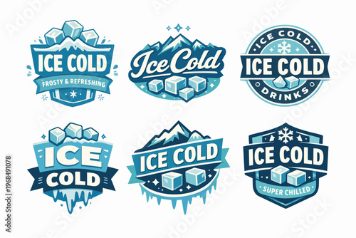 Ice cold and super chilled drinks badge emblems collection. Refreshing frosty beverages branding concepts