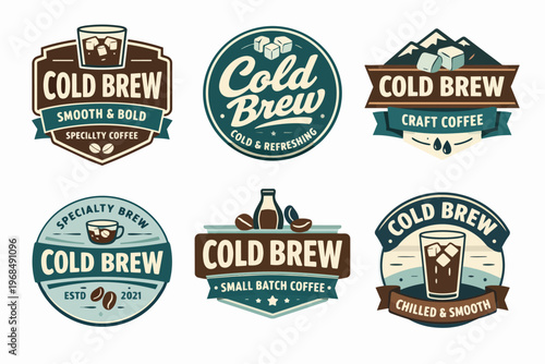Collection of vintage-style cold brew coffee badges, emblems, and labels for rebranding packaging design