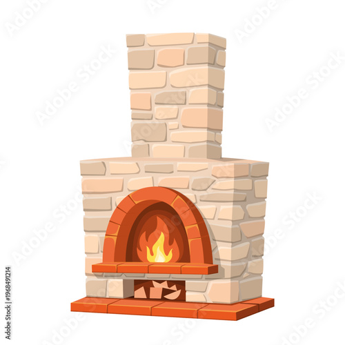 Cute Stone Brick Fireplace Cartoon Vector Illustration