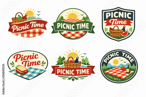 Picnic time logo set for outdoor summer leisure with basket, blanket, food, and recreational themes
