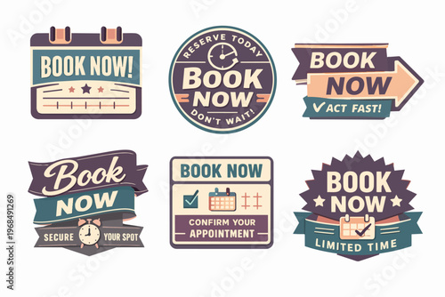 Book now labels collection with various design elements for online booking, service reservations, and limited time offers