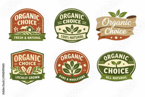 Organic choice badges set indicating natural, fresh, and wholesome food products, labels for ecology and farm grown