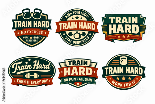 Set of workout emblems featuring fitness equipment and inspiring slogans for training, sports, and healthy lifestyle concepts