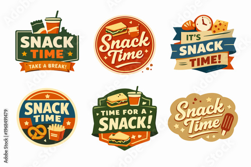 Snack time concept badges collection featuring retro style fast food and casual meal illustrations for break time