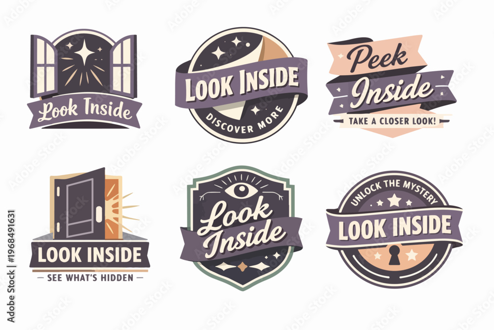 Fototapeta premium Collection of look inside concept labels and badges, exploring discovery, curiosity, and hidden information