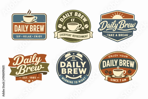 Set of assorted retro coffee shop logos displaying various designs, coffee cups, steam, coffee beans, and text slogans