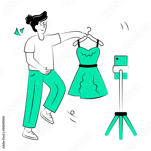 Sketchy style illustration showing a person doing a shopping livestream 

