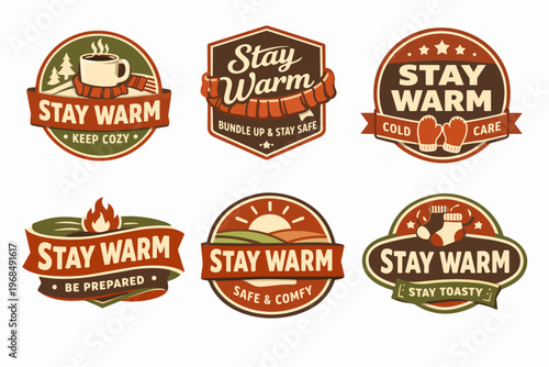 Collection of rustic stay warm badges and labels, providing cozy and safe feelings for winter season graphics and branding