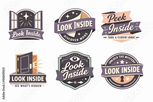 Collection of look inside concept labels and badges, exploring discovery, curiosity, and hidden information