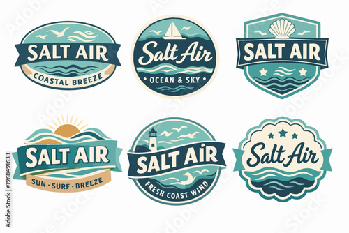 Six different salt air badges with ocean waves, seagulls, and marine elements on a clean white background
