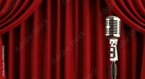 Microfone vintage prateado no palco com fundo de cortina vermelha para podcast e stand-up