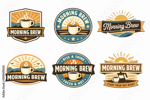 Morning brew coffee labels set establishing brand identity, featuring sunrise, mountains, cup, and inspiring text