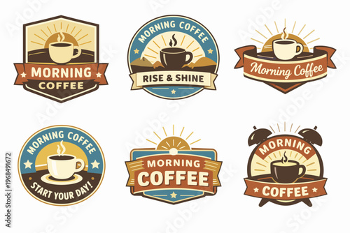 Morning coffee concept design featuring various vintage style labels, badges, and emblems with sunrises and steaming coffee cups