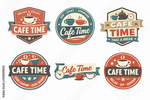 Cafe time emblem vector collection with coffee cups, tea pots, and clocks, offering various vintage badges for relaxation concepts