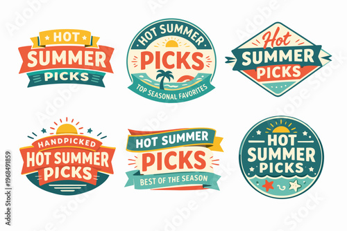 Collection of hot summer picks labels and badges, showcasing seasonal favorites and best of the season offers