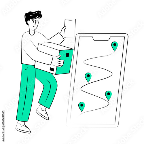 Hand drawn style illustration showing a person checking the delivery route

