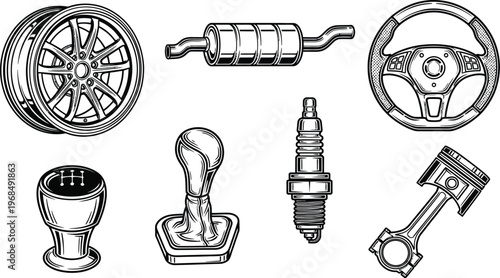 Car components: car wheel, exhaust pipe (muffler), steering wheel, gear shift knob, spark plug, and a piston with connecting rod for automotive repair service branding, garage insignias.